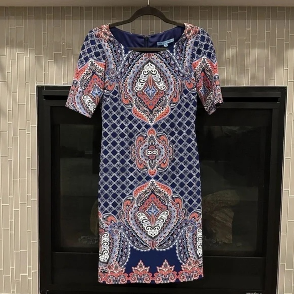 ANTONIO MELANI Blue Red Sheath Midi Dress